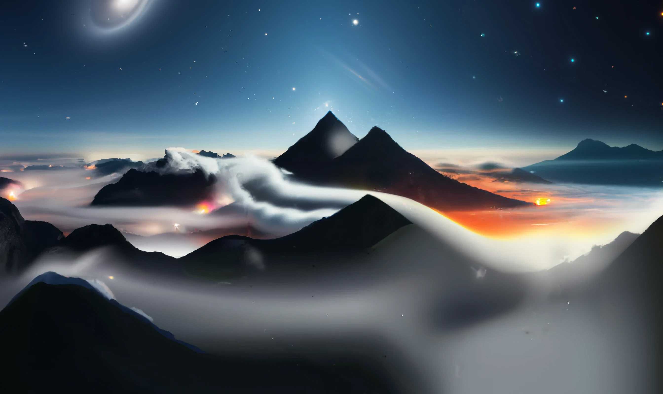 Stars emerge in the sky above twin mountain peaks